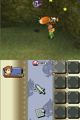 A top-down dungeon view shows a character with orange hair in the center of a grass-covered area, near a brown treasure chest and a yellow star. The left panel displays the character's portrait and HP bar labeled "155". A menu interface labeled "START" occupies the center-bottom, with a grid of six empty item slots to its right. Purple and blue enemies appear in the upper portion of the screen against a brown dungeon wall background.