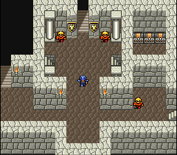 A top-down isometric view of a stone castle interior with light tan walls and brown tiled flooring. The player character, depicted as a small blue sprite, stands in the center of a cross-shaped corridor. Four red enemy sprites are positioned around the room—two flanking doorways in the upper portion and two in adjacent areas. Brown wooden door frames and stone architectural details line the walls. The pixel art uses a limited palette typical of early 1990s SNES graphics with clear sprite boundaries and tile-based construction.