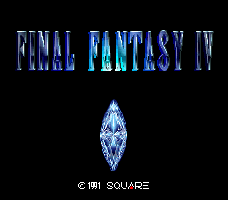 The title screen displays "FINAL FANTASY IV" in blue pixelated text at the top of a black background. Below the title is a blue crystalline diamond shape with faceted geometry. At the bottom, white text reads "© 1991 SQUARE". The overall composition is vertically centered with minimal visual elements, typical of early SNES title screens.