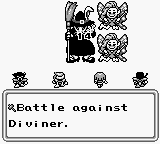 A battle screen displays four enemy sprites arranged in the upper portion against a white background. Below them, a dialogue box with black text on white reads "Battle against Diviner." at the bottom. The sprite art uses monochrome pixel graphics typical of Game Boy hardware, with thick outlines defining the enemy character designs.
