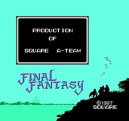 A black rectangular dialog box centered on a cyan background displays white text reading 'PRODUCTION OF SQUARE A-TEAM.' Below it, the Final Fantasy logo appears in purple pixelated letters with a gradient effect. A dark silhouetted landscape with trees occupies the bottom-right corner. Copyright text '©1987 SQUARE' is positioned in the lower-right area. The overall composition uses a limited color palette typical of NES-era graphics.
