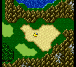 An overhead view shows a small character sprite in the center of a cream-colored clearing surrounded by green grass patches and dense brown forest tiles arranged in a natural border pattern. The isometric-style environment uses a limited SNES-era color palette with distinct terrain types marked by different tile patterns. Mountains or hills form a blue-tinted backdrop at the top edge of the screen.