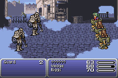 A pixelated battle scene displays four character sprites positioned across a checkered stone ground with blue-tinted buildings in the background. The left side shows a purple UI panel labeled "Guard" with character names and numerical stats including "2" and "83". The right side displays another stat panel showing values like "83" and "70". Yellow and green-armored figures stand in combat formation against enemies rendered in the Game Boy Advance's 240x160 resolution sprite style.