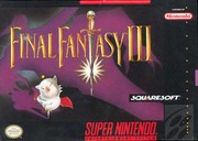 The SNES box art for Final Fantasy III displays the title logo in gold and pink text centered in the upper half against a dark purple starfield background. A single white star appears above the logo. Below, a stylized character figure in white and red clothing is positioned in the lower left. The Nintendo and Squaresoft logos appear in the bottom corners, with the Super Nintendo branding visible at the bottom center.