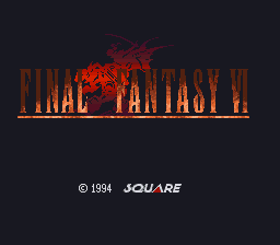 The title screen displays 'FINAL FANTASY VI' in large orange text with a red, jagged flame-like graphic above it against a dark background. Below the title, centered copyright text reads '© 1994 SQUARE' in white. The lettering uses a pixelated serif font typical of SNES-era graphics, and the overall composition is symmetrical with the logo as the dominant central element.