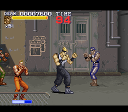 A side-scrolling beat-em-up scene displays a player character in a dark martial arts stance at center screen, flanked by four enemy sprites in various colored outfits positioned across an urban street. The HUD shows a score of 0007600 in the upper left corner with a time display and health bar at the bottom. Gray building facades with windows form the static background. Sprites use thick outlines typical of early-to-mid 1990s SNES animation, with a limited but vivid color palette against the dark environment.