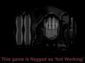 A dark grayscale arcade title screen displays a racing car viewed from above in the center, with abstract mechanical shapes and circular elements flanking it on either side. Red text at the bottom reads 'This game is flagged as 'Not Working'' against the black background. The image uses low-resolution pixelated graphics typical of early 1990s arcade hardware.