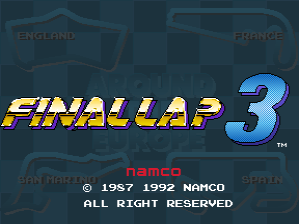 The title screen displays 'FINAL LAP 3' in large yellow and blue letters across the center, with a trademark symbol after the number 3. Below are faded outlines of race cars on a dark teal background. At the bottom, white text reads '© 1987 1992 NAMCO' and 'ALL RIGHT RESERVED'. The Namco logo appears in the lower left corner. The overall color scheme uses muted blues and teals with bright yellow text for the title.