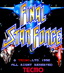 The title screen displays "Final Star Force" in large blue and yellow blocky lettering centered on a black background with blue radiating lines. A white-suited male pilot figure appears on the left side, while a red-suited female pilot figure stands on the right. Below the title, red text reads "TECMO LTD. 1992" and "ALL RIGHTS RESERVED" followed by "TECMO" in larger red letters. The graphics use bright primary colors typical of early 1990s arcade sprite art, with a pixelated aesthetic.