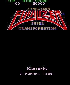 The arcade title screen displays the red and blue Finalizer logo in large pixelated letters at center, with "Super Transformation" subtitle beneath it. Green score display text reading "TOP" and "HIGH SCORE" appears in the upper left corner against a black background. The Konami copyright notice and 1985 publication year are positioned at the bottom in white text. The overall composition uses minimal colors and a stark black background typical of mid-1980s arcade title screens.