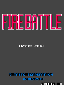 The title screen displays 'FIRE BATTLE' in large magenta and cyan pixelated letters with a black outline against a dark gray background. Below the title, white text reads 'INSERT COIN' centered on screen. At the bottom, blue text shows 'TAITO CORPORATION' and 'ARCADE' with 'CREDIT 00' displayed in the lower right corner. The overall composition uses a simple arcade cabinet aesthetic with minimal visual elements beyond the title and instruction text.