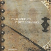 A promotional or cover image featuring aged parchment or weathered paper texture in tan and brown tones with decorative corner elements. White text reading 'YOUR JOURNEY IS JUST BEGINNING' appears in the upper-center portion. Dark silhouettes of two armored figures with weapons are visible against the textured background. The overall aesthetic suggests a medieval or fantasy setting with worn, aged material design.