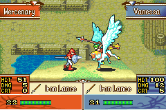 A turn-based tactical combat scene displays two units on a grass terrain grid. On the left, a mounted knight faces a winged pegasus unit on the right. The bottom-left UI panel shows Mercenary with 51 HP and 8 Str, while the bottom-right displays Vane with 40 HP and 6 Str. Both units have full health bars shown in orange and green respectively. The background features tiled grass, trees, and a stone building structure. The sprite art uses the characteristic GBA-era 16-bit pixel style with muted greens and earth tones dominating the level design.