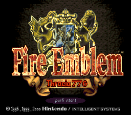 The title screen displays a golden heraldic crest with two dragon supporters flanking a shield in the center, rendered in yellow-gold tones against a textured dark background. Below the crest, the text "Fire Emblem" appears in large orange-red letters with a gold outline, followed by "Thracia 776" in smaller text beneath. At the bottom, copyright information reads "© 1999, 2000 Nintendo and Intelligent Systems" with "SUPER FAMICOM" noted on the right. The overall aesthetic uses pixelated sprite graphics typical of SNES-era games, with warm metallic colors dominating the composition against a mottled dark backdrop.