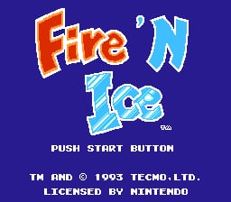 The title screen displays 'Fire 'n Ice' in large, colorful pixelated letters against a solid dark blue background. The word 'Fire' appears in orange and red tones on the upper left, while 'Ice' is rendered in cyan and blue on the lower right. Below the title, white text reads 'PUSH START BUTTON'. At the bottom, copyright information states 'TM AND © 1993 TECMO LTD.' and 'LICENSED BY NINTENDO' in smaller white pixels. The overall aesthetic is characteristic of 8-bit NES graphics with a limited color palette and blocky sprite-style lettering.