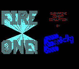 The title screen displays a large cyan and blue pixelated logo reading "FIRE ONE" in the upper left, with a geometric missile or projectile design incorporated into the lettering. Red text on the right reads "SUBMARINE POWER SIMULATION" and "BY" above a blue isometric 3D-style submarine graphic rendered in blocky pixels. The background is black, typical of early 1980s arcade game aesthetics.