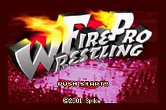 The Fire Pro Wrestling title screen displays the logo in large white and red letters with a stylized 'W' shield, centered above a pink glowing particle effect. Yellow and orange flame graphics burst from the upper left corner. Below the main logo, white text reads 'PRESENTS' and 'KUSISITANPA', with copyright text '©2001 Spike' appearing at the bottom. The background is a dark reddish-brown gradient with sparkling light effects creating a dynamic, fiery atmosphere.