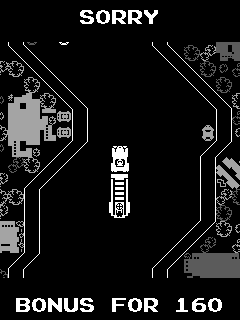 A black and white arcade screen displays "SORRY" at the top and "BONUS FOR 160" at the bottom. The center shows a vertically-oriented fire truck sprite in white pixels positioned on a road with angular black lane markings on both sides. Gray rectangular structures resembling buildings or obstacles appear in the upper-left and lower-right corners. The entire scene uses a monochromatic color scheme typical of late-1970s arcade graphics.
