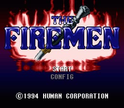 The Firemen title logo dominates the center in large blue capital letters with a red flame graphic above it. The background features red and orange flames rendered in a pixelated style against a dark backdrop. Below the logo, white text reads "START" and "CONFIG" as menu options. A copyright notice at the bottom states "©1994 HUMAN CORPORATION" in white text. The overall color scheme emphasizes reds, blues, and oranges typical of SNES-era graphics.