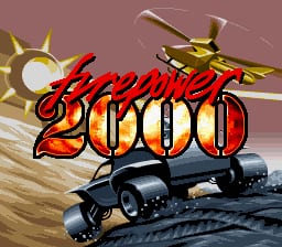 The title screen displays 'Firepower 2000' in large red and yellow letters with a stylized military font, positioned center-right. A yellow sun graphic with rays appears in the upper left corner. Below the title, a dark military vehicle with multiple turrets sits on a brown rocky surface against a mauve background. The sprite-based graphics use a limited SNES-era palette with distinct pixelation typical of early 16-bit games.