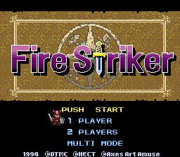 The title screen features large purple pixelated text reading "FireStriker" centered over a tan and gold background with a decorative circular emblem behind it. Below the title, a black menu bar displays options including "PUSH START", "1 PLAYER", "2 PLAYERS", "MULTI MODE", and credits reading "1994 (C)UTES ART AMUSE". The overall design uses a 16-bit color palette typical of early 1990s console games, with ornate golden borders framing the composition.