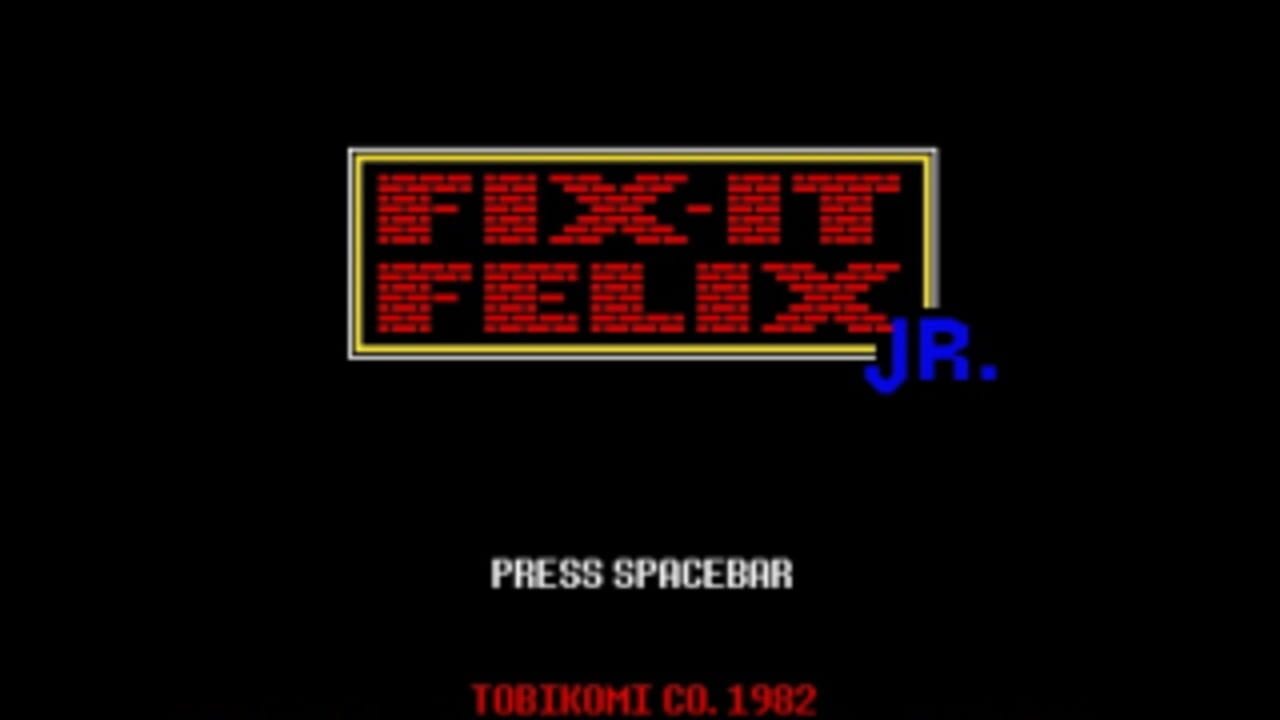 The title screen displays "FIX-IT FELIX JR." in large red pixelated letters within a yellow-bordered box against a black background, with "JR." appended in blue text to the right. Below the logo, white text reads "PRESS SPACEBAR" in a standard arcade font. At the bottom of the screen, red text credits "TAITO/KOMI CO. 1982". The entire composition uses a simple black backdrop typical of early 1980s arcade title screens.