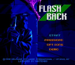 The title screen displays a blue-tinted silhouette of a muscular man in profile on the left side against a dark background with purple-blue lighting effects. The words "FLASH BACK" appear in large green and white letters in the upper right corner. Below the logo, a menu lists four options in orange text: START, PASSWORD, OPTIONS, and DEMO. At the bottom, copyright text reads "© 1992 DELPHINE SOFTWARE INTERNATIONAL / VF SOLD, INC / MINDSCAPE ENTERTAINMENT." The overall aesthetic uses a limited color palette dominated by blues, purples, and orange against a black background.
