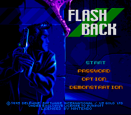 The title screen displays "FLASH BACK" in large green text in the upper right, with a silhouetted figure in blue tones on the left holding what appears to be a weapon. Below the title, a menu lists options in yellow text: START, PASSWORD, OPTION, and DEMONSTRATION. The background is dark blue and black, creating a noir atmosphere. The Delphine Software International copyright notice appears at the bottom in small white text.
