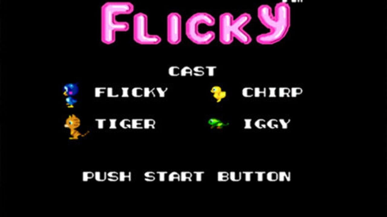 A cast screen displays the magenta "FLICKY" title at the top of a black background. Four pixelated characters are arranged in two columns with white text labels: a blue bird labeled "FLICKY" on the upper left, an orange tiger labeled "TIGER" on the lower left, a yellow chick labeled "CHIRP" on the upper right, and a green frog labeled "IGGY" on the lower right. At the bottom, white text reads "PUSH START BUTTON" in a centered arrangement.
