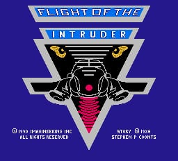 The title screen features a large triangular emblem centered on a solid blue background. At the top, a white banner reads "FLIGHT OF THE" with "INTRUDER" below it. The emblem contains a stylized black silhouette of an aircraft viewed from below, with pink/magenta coloring in the center. Horizontal lines frame the aircraft design. Copyright text appears at the bottom left reading "(C) 1988 IMAGINEER INC. ALL RIGHTS RESERVED," while the right side credits "STORY STEPHEN P. COMBS." The entire layout uses bold, geometric shapes rendered in the 8-bit NES visual style.