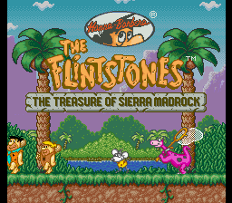 The title screen features large yellow block-letter text reading 'THE FLINTSTONES' centered over 'THE TREASURE OF SIERRA MADROCK' in a smaller gold font. A desert landscape with two palm trees flanks the logo. Below, pixel-art characters from the show stand on green grass: Fred and Barney on the left in brown caveman outfits, Wilma and Betty on the right in orange and pink dresses. A blue sky with white clouds fills the background. The color palette uses bright greens, oranges, purples, and blues typical of SNES-era sprite graphics.