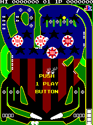 The title screen displays a pinball table layout with a blue playfield bordered by bright green and magenta elements. A large white ball sits near the center, surrounded by three circular bumper targets with yellow and red details. The word "PUSH" appears in yellow text in the black lower section, with "1 PLAY" and "BUTTON" visible. Score indicators and coin slots are positioned at the bottom corners. The top of the screen shows "HI 000000" on the left and "0! 1P 000000" on the right in white text against a blue header. The overall aesthetic uses a limited pixel-based color palette typical of early 1980s arcade hardware.