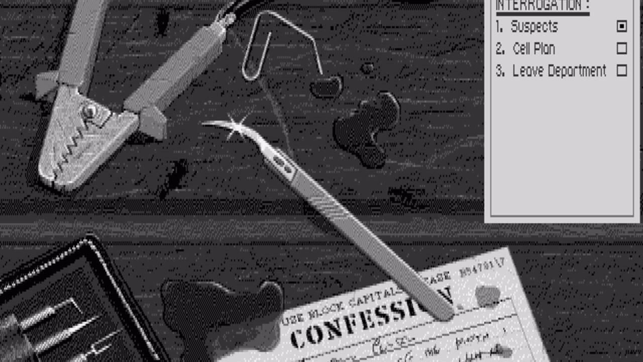 A black and white interrogation scene shows a suspect seated at a table with restraints, viewed from above at an angled perspective. A hand holding a document labeled "CONFESS!" appears in the lower portion of the screen. A right-side panel displays "INTERROGATION:" with three checkbox options: "1. Suspects" (checked), "2. Cell Plan" (unchecked), and "3. Leave Department" (unchecked). The image uses low-resolution monochrome graphics typical of early DOS-era adventure games.