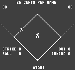 A baseball diamond rotated forty-five degrees occupies the center of a dark gray screen, with white outline borders. Two small white player figures stand on the field—one near the upper left baseline and one in the center. Text displays at the top read "25 CENTS PER GAME" with score counters "00" on both left and right sides. The bottom of the screen shows game statistics: "STRIKE 0 BALL 0" on the left and "OUT 0 INNING 0" on the right. The "ATARI" logo appears in white text at the bottom center.