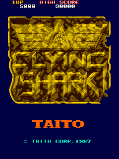 The title screen displays 'FLYING SHARK' in large golden pixelated letters with a textured brick pattern fill, centered on a dark blue background. At the top left, a score display shows '10€ 5800' and 'HIGH SCORE' with '50000' beside it. Below the title, the publisher credit reads 'TAITO' in orange text, with a small copyright notice stating '© TAITO CORP. 1987' in cyan beneath it. The overall composition uses a limited 8-bit color palette typical of 1987 arcade hardware.