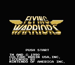 The title screen displays "FLYING WARRIORS" in large golden-yellow pixelated letters with horizontal striping and winged designs flanking both sides. Below the title, white text reads "PUSH START" followed by copyright and publisher information for Culture Brain from 1991. The background is solid black, and all text uses a standard NES-era bitmap font typical of early 1990s cartridge games.