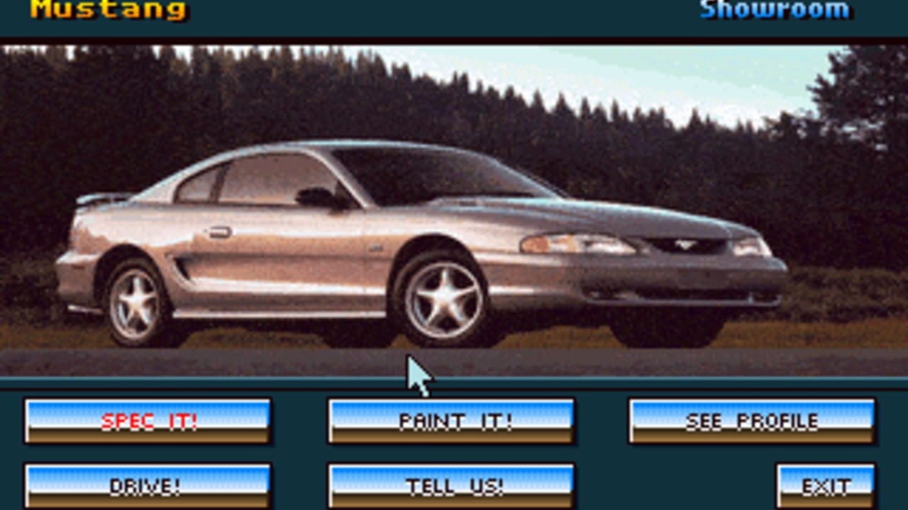 A silver Ford Mustang is displayed in profile view against a forested background in the Mustang Showroom interface. Six blue button options are arranged in two rows at the bottom: SPEC IT!, PAINT IT!, SEE PROFILE on top; DRIVE!, TELL US!, and EXIT below. A cursor pointer hovers near the center of the screen. The interface uses a teal border frame with white text labels at the top reading 'Mustang' and 'Showroom'.