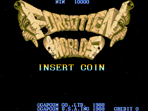 The arcade title screen displays a large golden ornamental banner at the top center with "FORGOTTEN WORLDS" text in yellow, flanked by decorative wing-like shapes. Below, yellow text reads "INSERT COIN" centered on a black background. A score display shows "HI" with "10000" in the upper left corner. At the bottom, copyright text in cyan reads "CAPCOM CO.,LTD. 1988" with "CREDIT 0" in white on the right side. The overall color palette uses gold, yellow, cyan, and black with a pixelated arcade aesthetic.