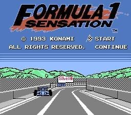 The title screen displays "FORMULA 1 SENSATION" in large italicized text at the top against a blue sky background. Below is a racing track scene with a single blue Formula 1 car positioned on a white road with lane markings, surrounded by green grass verges and simple scenery. At the bottom, white text reads "© 1993 KONAMI" on the left, "START" in the center, and "CONTINUE" on the right, with "ALL RIGHTS RESERVED." positioned between them. The graphics use a basic 8-bit sprite style typical of NES racing games.