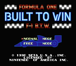 The title screen displays "FORMULA ONE BUILT TO WIN" in large blue pixelated text with orange and white pixel borders at the top. Below are two menu options: "NORMAL MODE" and "FREE MODE" shown in white text boxes with blue backgrounds. At the bottom, copyright text reads "© 1990 SETA U.S.A., INC. NINTENDO OF AMERICA INC." in small white font. The background is solid black, and the overall aesthetic reflects early NES-era 8-bit graphics with blocky checkered patterns flanking the title.