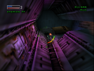 A yellow and black spacecraft flies through a purple-tinted industrial corridor with geometric metal plating and angular architecture. The player's health bar appears in the upper left corner showing current and maximum values, with "enemies 24" displayed below. A "pulsar" weapon indicator and minimap appear in the upper right. The viewpoint is from behind the craft as it navigates deeper into the narrow passage, with purple atmospheric lighting casting long shadows across the metallic walls and structures.