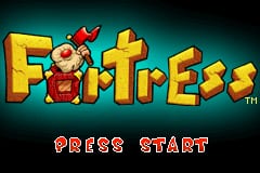 The title screen displays 'FortressY' in large yellow pixel-based lettering with a red cartoon character wearing overalls positioned in the upper left, wielding a hammer and standing atop red and yellow block shapes. Below the title text appears 'PRESS START' in red pixelated font against a dark teal gradient background. The overall art style uses bright primary colors typical of Game Boy Advance graphics.