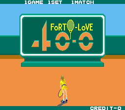 The title screen displays a green laptop or monitor frame with 'FORTY-LOVE' text in yellow and orange letters centered on the screen. Below the laptop sits a yellow-skinned character with a round body and small limbs on an orange background. The top of the screen shows blue sky and green ground layers. Text reading 'GAME 1SET 1MATCH' appears in the upper left corner, and 'CREDIT 0' displays in the lower right. The overall art style uses flat, blocky pixel sprites typical of early 1980s arcade graphics.