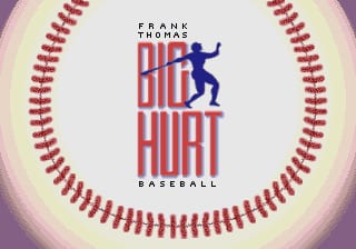 A baseball-themed title screen displays the Frank Thomas Big Hurt Baseball logo at center, featuring red and blue stylized lettering with a silhouette of a batter mid-swing. The logo is surrounded by a circular baseball design with red stitching around the outer edge against a cream-colored background. The developer credit "Acclaim" and game title text appear at the top and bottom of the screen respectively. The image uses a limited color palette of red, blue, white, and tan typical of Genesis-era sports game presentations.