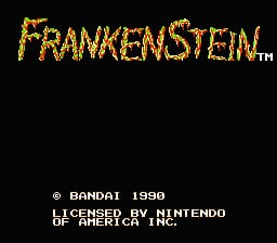 The title screen displays "FRANKENSTEIN" in large orange pixelated letters at the top center against a black background. Below the title, white text reads "© BANDAI 1990" and "LICENSED BY NINTENDO" with "TESTED TO THE" partially visible at the bottom. The overall presentation uses a simple two-color scheme typical of NES title screens from the early 1990s.