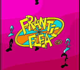 The title screen displays "FRANTIC FLEA" in large yellow and green pixelated letters against a bright magenta background. Four black silhouetted flea characters in jumping poses surround the logo, positioned at the top-left, top-right, bottom-left, and bottom-right corners. A small red circular element appears near the center-right of the title text. The overall aesthetic uses vibrant neon colors typical of 16-bit sprite graphics.