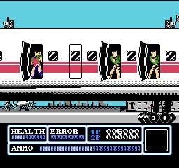 A horizontal scrolling action scene displays a train interior with three armed characters in distinct colored outfits positioned across the middle section against a light pink background. The top shows a light blue sky band with small icon sprites in corners. The bottom HUD panel contains a dark blue section with white text reading "HEALTH", "ERROR", and "AMMO" alongside numerical displays and a small black square viewport, with a pixelated weapon graphic visible on the lower left.