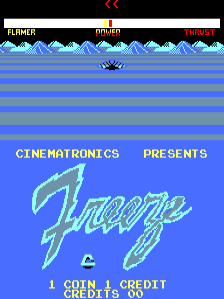The title screen displays "CINEMATRONICS PRESENTS" in blue text above a large stylized "Freezy" logo in cyan gradient lettering. At the top, a horizontal water-like animation in blue and green tones spans the screen width, with a black crown symbol centered above. Below the logo, white text reads "1 COIN, 1 CREDIT" and "CREDITS 0". Score indicators for "PLAYER", "MOVER", and "THRASH" appear in a green bar at the very top. The background is solid blue with 8-bit pixel art styling throughout.