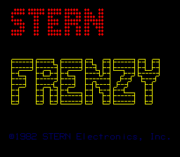 The title screen displays "STERN" in red pixelated letters at the top, followed by "FRENZY" in yellow outlined letters below it. Both titles use a blocky, arcade-style font typical of early 1980s games. At the bottom of the screen, blue text reads "[c] 1982 By Stern, Inc." The background is entirely black, creating high contrast with the colored text elements.