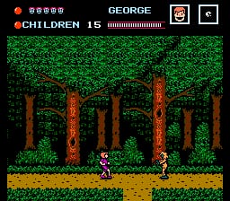 A pixelated NES-era forest scene displays a playable character sprite standing on a tan ground strip amid tall brown tree trunks and dense green foliage. The top UI bar shows score information on the left, the name "GEORGE" in the center, health or status bars, and small icons on the right. The sprite-based graphics use a limited color palette typical of 8-bit hardware, with parallax layering evident in the background vegetation.